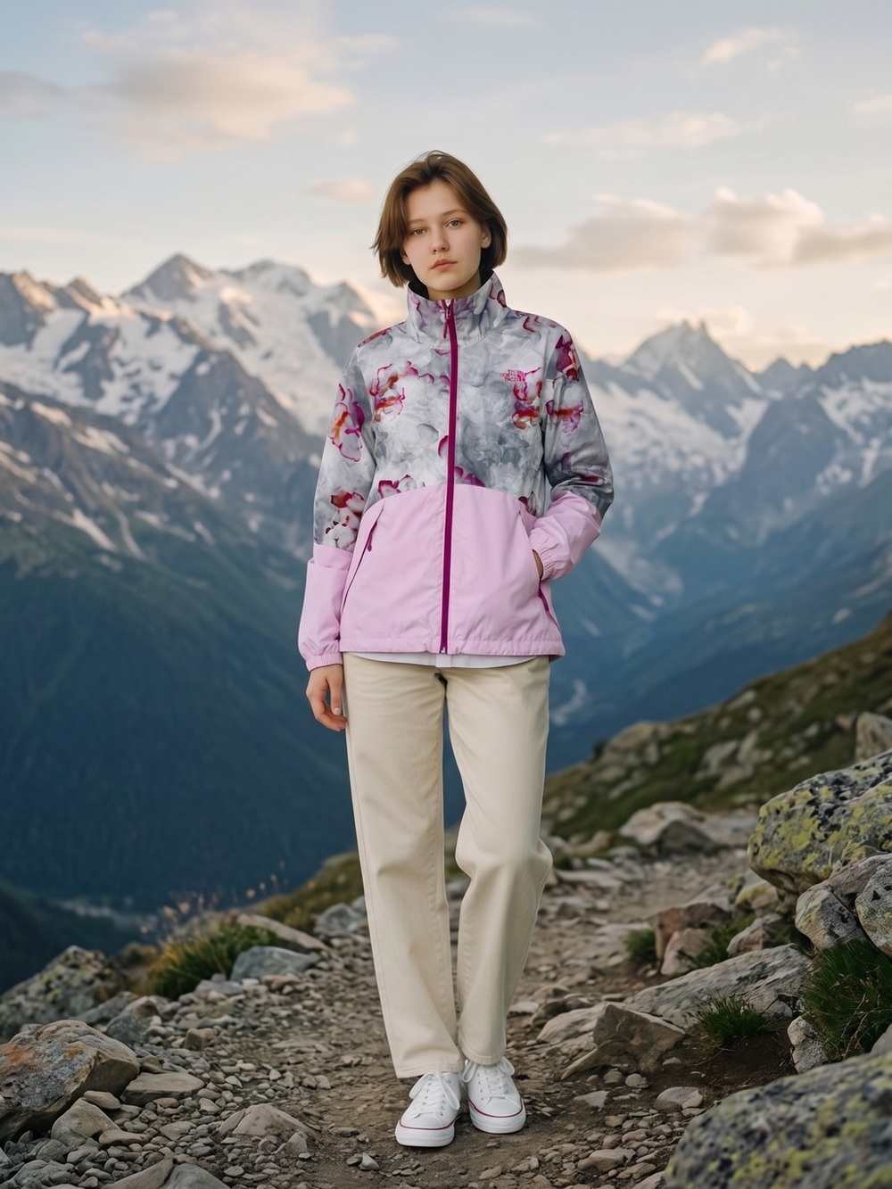 The North Face Pink & Gray Floral-Print Rain Jacket Size M
